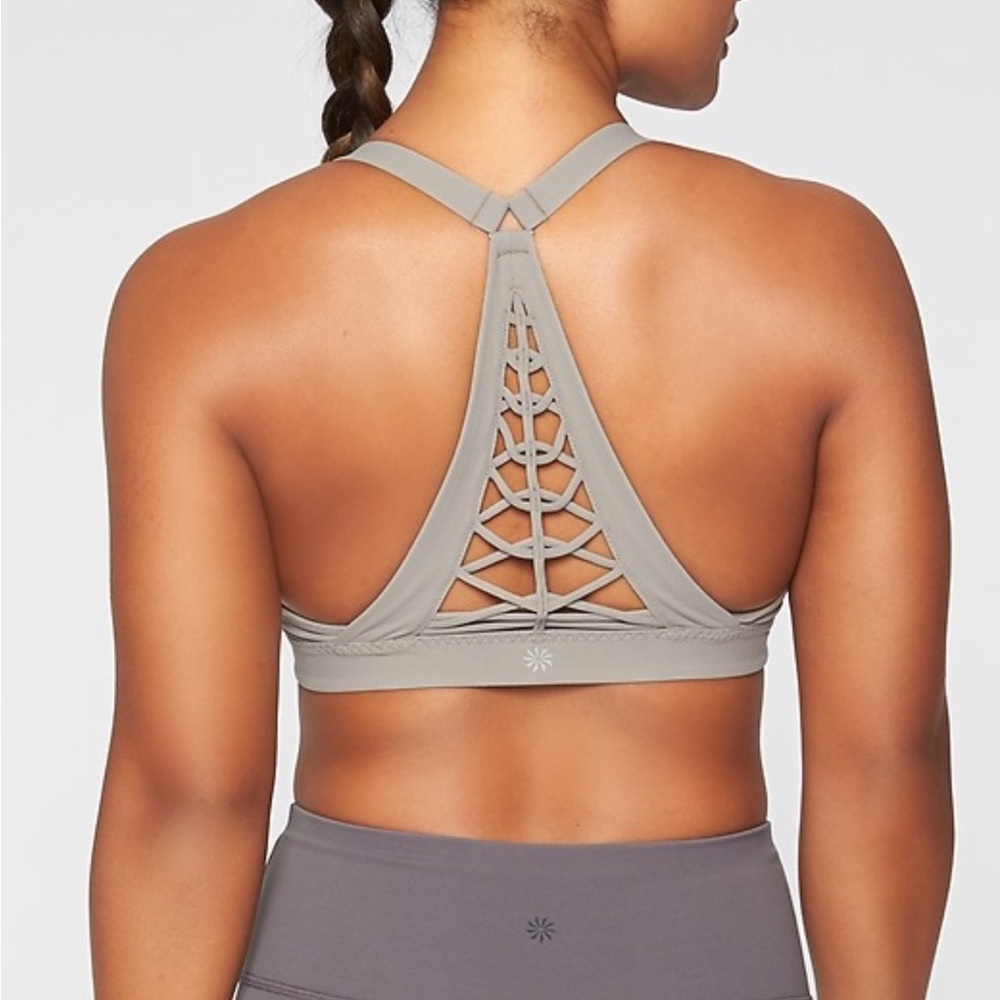 Athleta Savasana Macrame Gray Lattice Back Sports Bra S